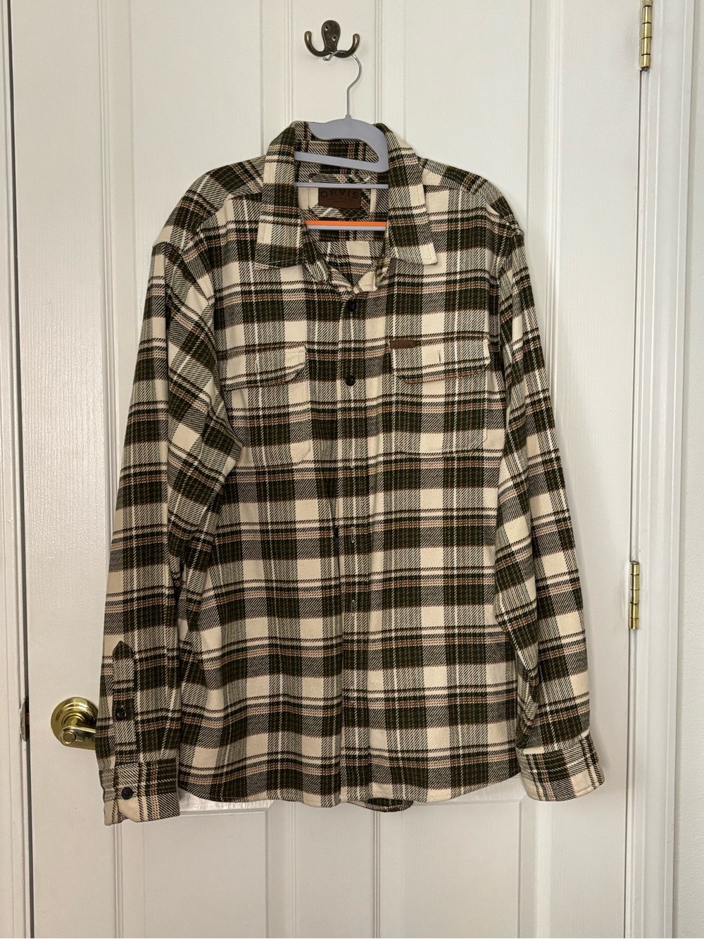 Orvis Men's XL Plaid Flannel Shirt Cream Olive Brown Classic Collection